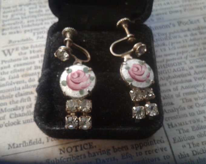 Screwback Rhinestone and Hand Pained Floral Guilloche Enamel Dangle Earrings