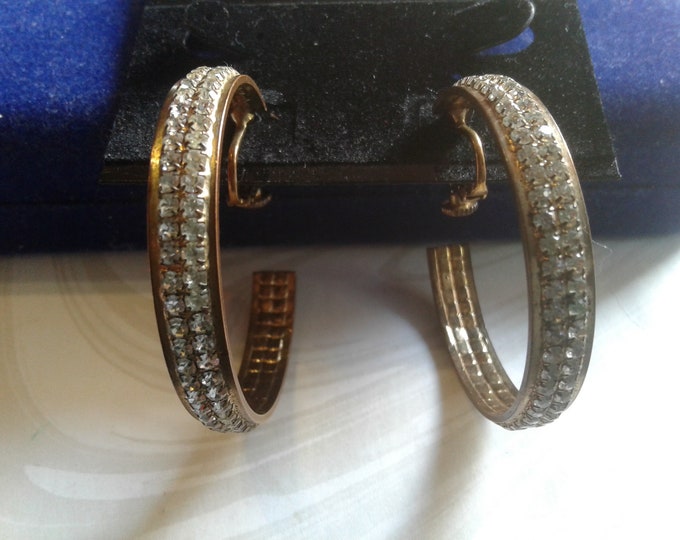 Double Row Rhinestone Goldtone Large Hoop Clip On Earrings
