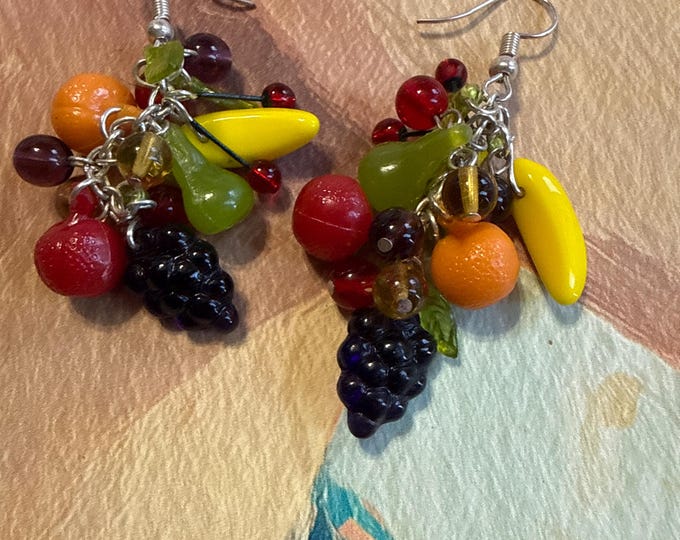 Novelty dangling earrings of mixed fruit, 1980s