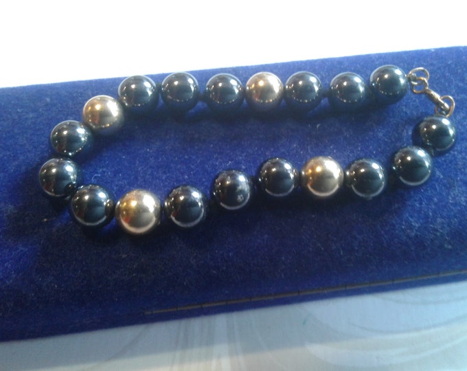 1/20th 14K Gold Filled and Imitation Hematite Beaded Bracelet, Marked on Clasp