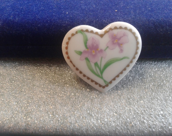 Ceramic Heart Pin with Gold Border and Decal of Irises