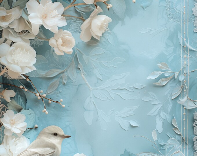 Five Beautiful Blue Dream Textured Floral with Bird/Butterflies Unlined Journaling/Background Papers to Download and Print at Home, 8.5 x 11