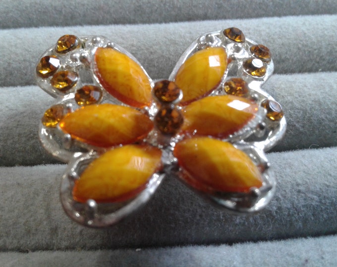 Silvertone and Yellow Rhinestone Adjustable Fashion Ring, Oversized, Made in China, Currently Size 7