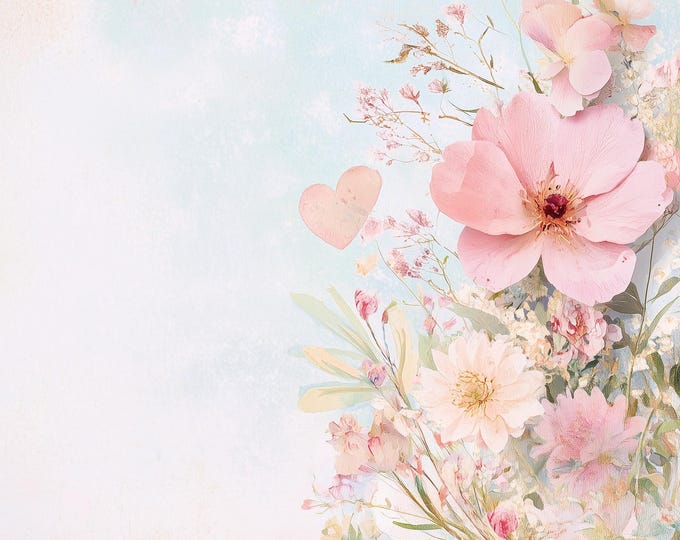 Five Hearts and Flowers Bordered Digital Papers/Backgrounds for Instant Download