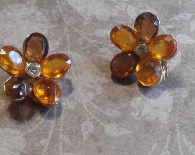 Floral Clip Earrings Jeweled in Two Shades of Orange Brown with Clear Rhinestones