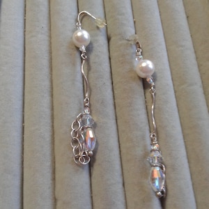 Sterling Silver, Glass Pearl, AB Crystal Very Long Linear Dangles, 925