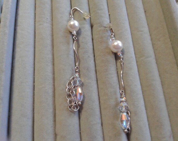 Sterling Silver, Glass Pearl, AB Crystal Very Long Linear Dangles, 925