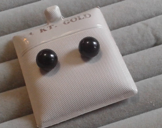 14K Yellow Gold and Onyx Small Ball Studs, Gold Filled Replacement Backs, No Marking, Original Stock Card
