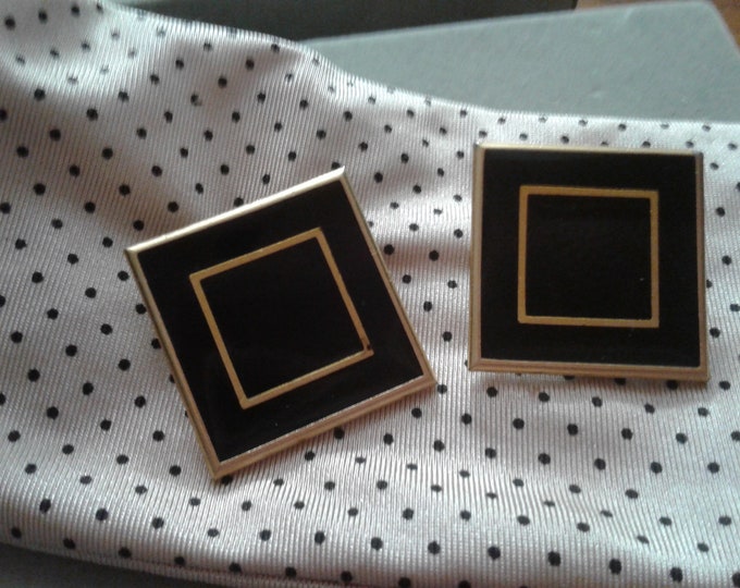 Yves Saint Laurent YSL Geometric Square Black and Goldtone Enamel Clip Earrings, Signed