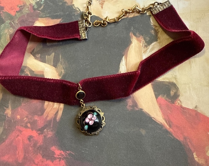 Sadie Green vintage early 1970s red velvet ribbon choker with lampwork, floral pendant, signed