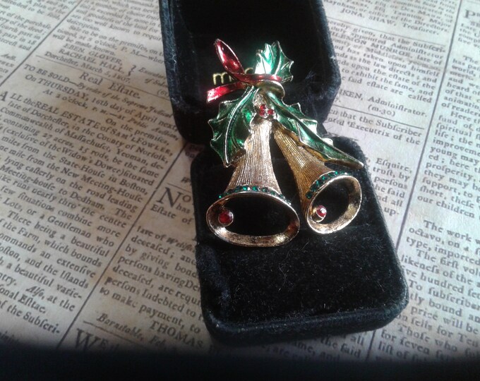 Midcentury Christmas Bells in Goldtone with Red and Green Rhinestone and Enamel Holly with Bow Brooch