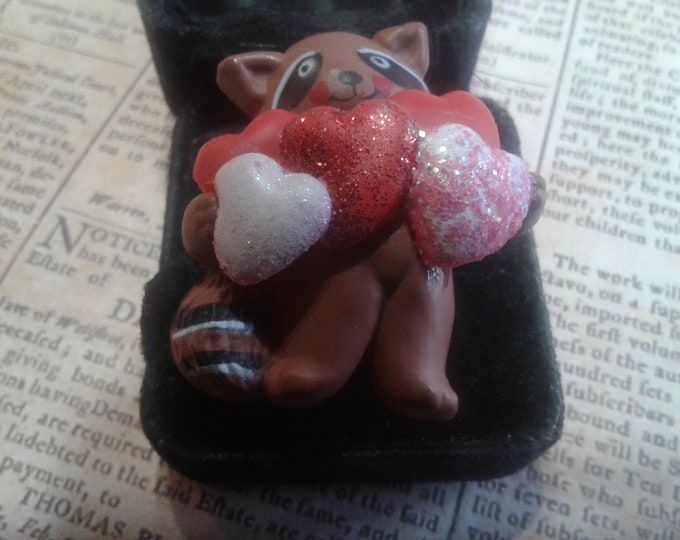 Fun World S Lehman 1984  Raccoon with Armful of Glitter Hearts Novelty Pin, Marked and Dated