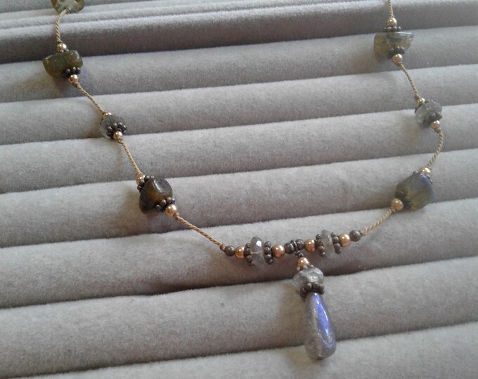 Unmarked Sterling Silver, Labradorite, Olivine, Possibly Gold Handmade Necklace Knotted on Olive Silk
