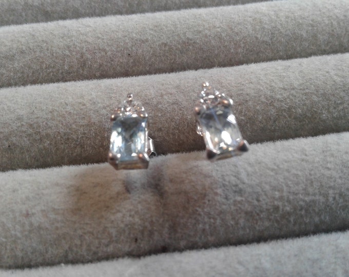 Sterling Silver, Blue Topaz, and CZ Stud Earrings, 925