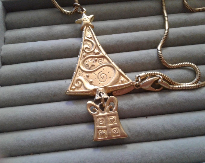 1995 Soho Design Christmas Tree Pendant on Long Snake Chain, Signed and Dated