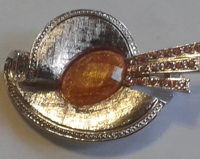 Liz Claiborne Midcentury Revival Silvertone Textured Brooch with Brown Stone and Pink Rhinestones