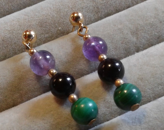 Malachite, Amethyst, and Black Onyx Linear Dangle Earrrings on Likely GF Post Backs