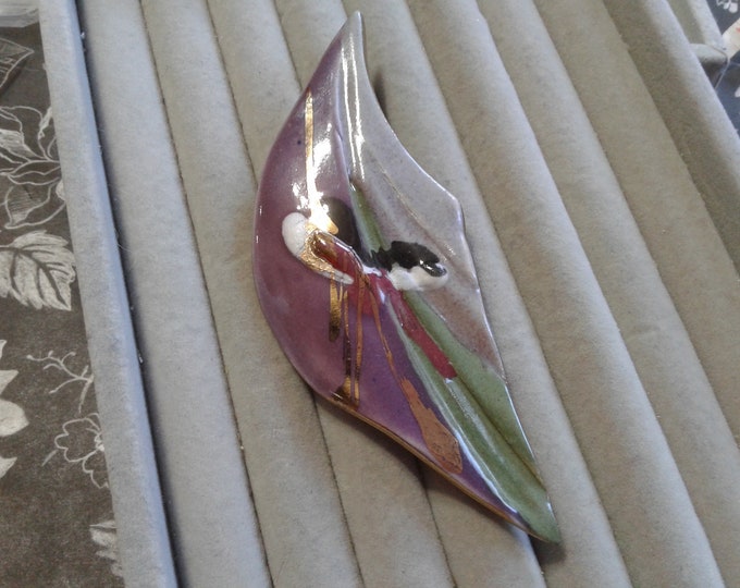 Glazed Ceramic Abstract Post Modern Leaf Shaped Brooch in Green and Purple