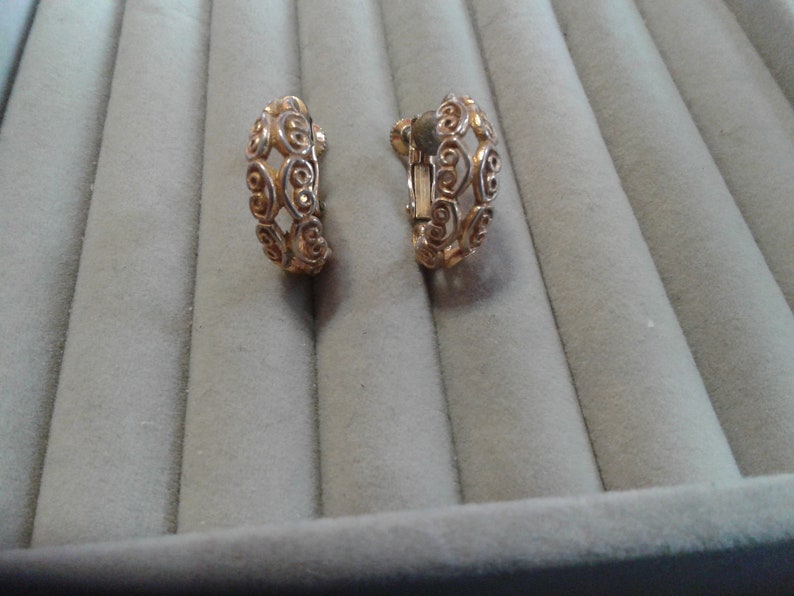 Signed Napier Goldtone Filigree Hoop Clip On Earrings
