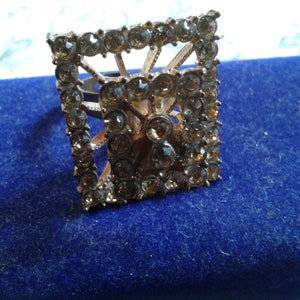 Dramatic Rectangular Champagne Rhinestone Goldtone Adjustable Cocktail Ring, Currently Size 7