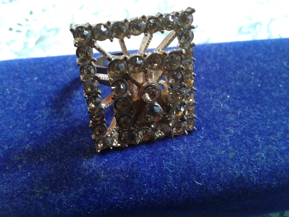 Dramatic Rectangular Champagne Rhinestone Goldton… - image 1