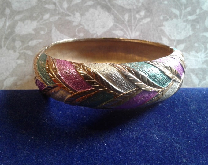 Goldtone Textured Braided Look Clamper Bangle with Mint, Orchid, and Cream Enamel