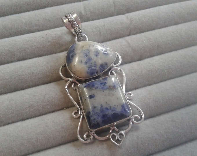 Sterling Silver Filigree Frame Pendant set with Pear Shaped and Square Lapis Lazuli in Quartz Matrix, 925