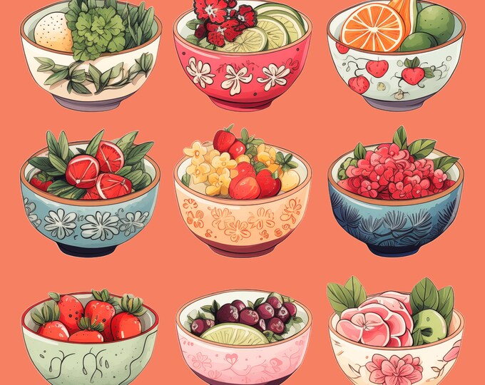 Three Pretty Bowls Clip Art Sheets--27 Images--PNG--Fully Transparent--Commercial Use--Instant Download--300 DPI