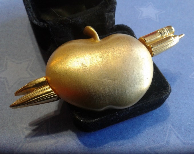 Casual Corner Brushed Goldtone Apple, Pencil, and Pen Teacher Brooch, Signed