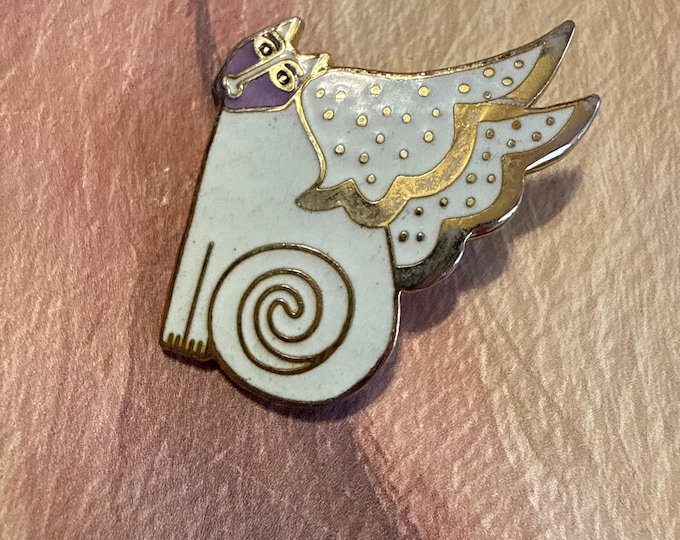 Laurel Burch “cat goddess“ small gold tone and enamel pin, signed, stylized cat with wings