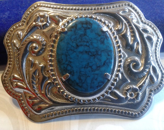 Elaborate Silvertone and Faux Turquoise Foliate Southwestern Belt Buckle