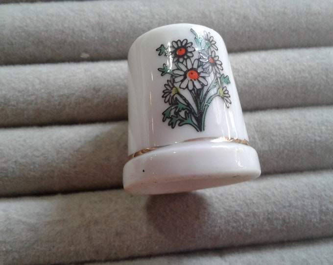 Whte Glazed Ceramic, Gilt, and Floral Decal Collector Thimble