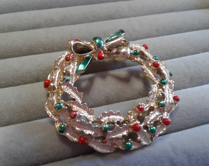 Gerry's Goldtone and Enamel Holly Wreath with Bow, Signed