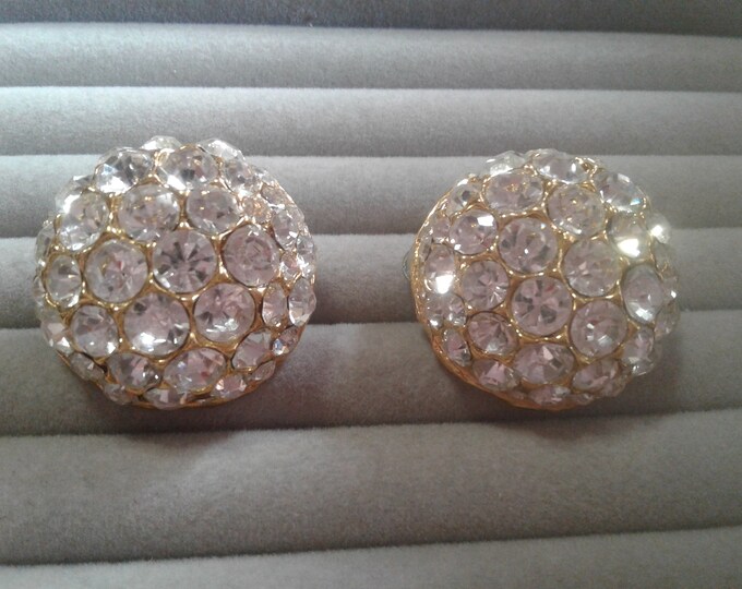 Oversized Goldtone and Pave Rhinestone High Domed Button Clip On Earrings