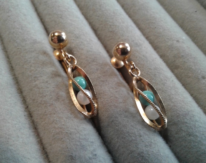 Ronco 12K Gold Filled Neo Turquoise and Akoya Pearl  Caged Drop Screw Back Earrings, Marked