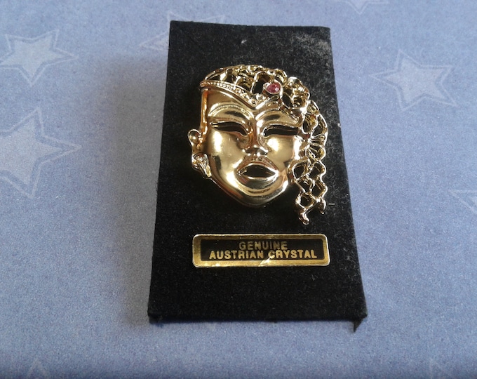Deadstock Goldtone Carnival Mask Pin with Clutch Back and Genuine Austrian Crystal on Original Display Card