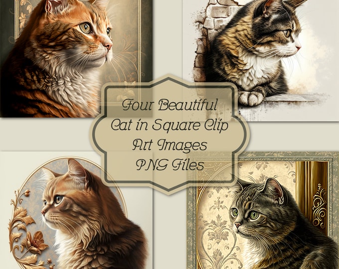 Four Beautiful Cat in Square Clip Art Images for Instant Download--PNG Files--Commercial Use