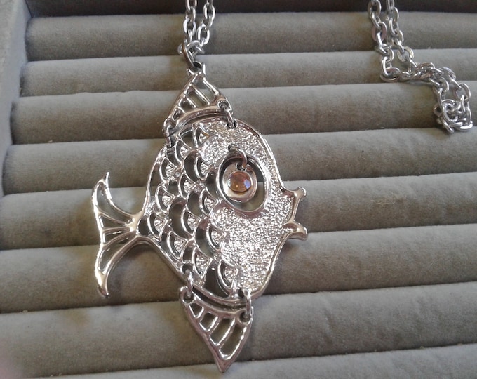 Articulated Cartoon Style Novelty Articulated Fish Pendant on Chain, AB Rhinestone Eye