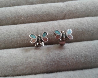 Sterling Silver Turquoise and Coral Chip Inlay Butterfly Stud Earrings