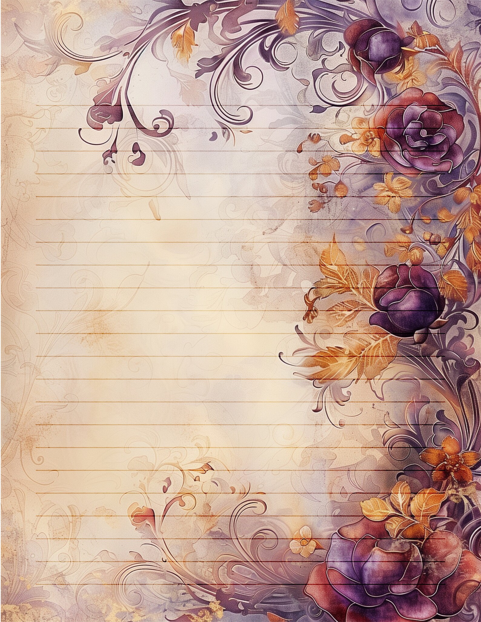 Floral Writing Paper Lemon Mauve Journaling Stationery digital floral-writing-paper-lemon-mauve-journaling-stationery-digital
