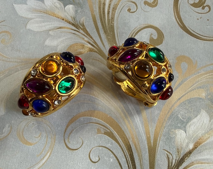 Joan Rivers gold tone and multicolored cabochon huggy hoop clipearrings Signed