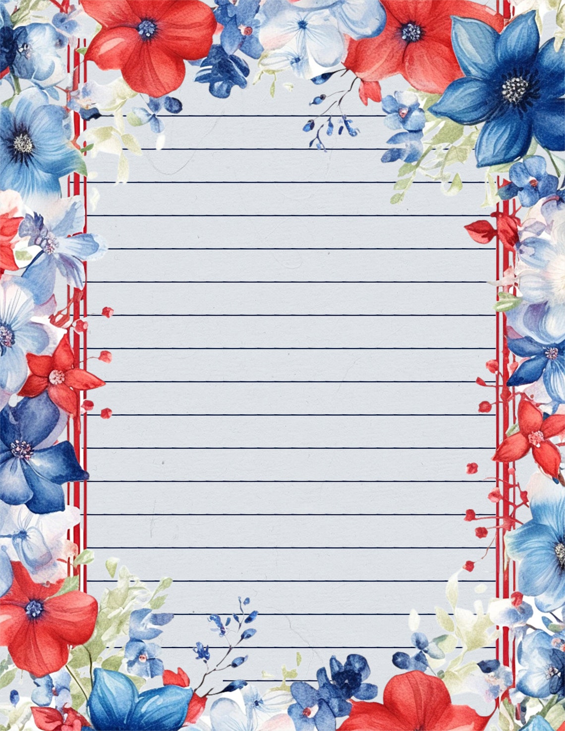 Patriotic Floral Writing Paper: Red, White, and Blue (digital Download ...