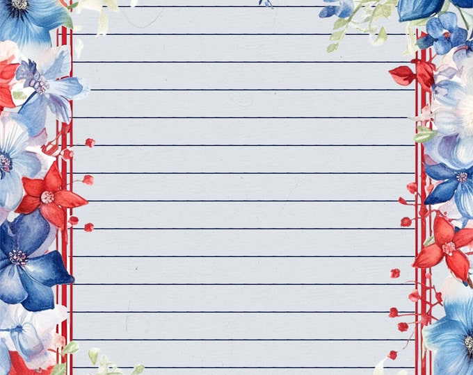 Red, White and Blue Patriotic Floral Lined and Unlined Writing Papers, Instant Download, Digital Paper