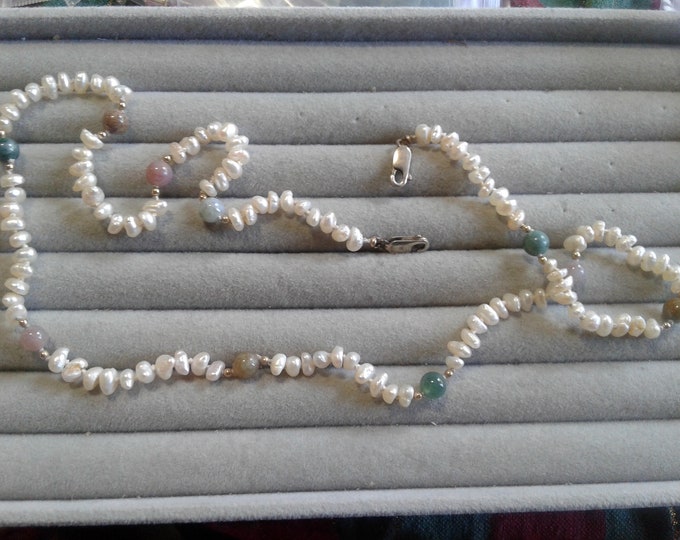Sterling Silver, Freshwater Pearl, and Semi Precious Double Ended Necklace, 925