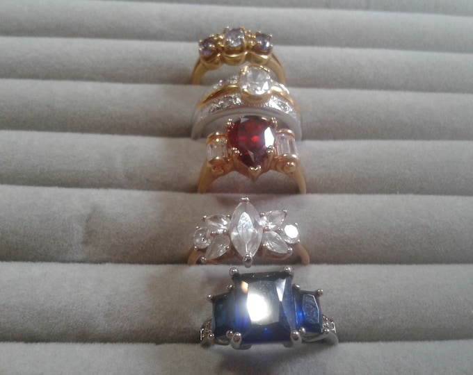 Selection of Quality Plated Cubic Zirconia and Synthetic Gem Cocktail Rings, Mostly Size 8