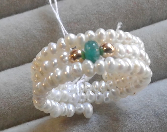 14K Yellow Gold, Seed Pearl, and Raw Emerald Beaded Memory Wire Ring, Likely Ross Simons for QVC