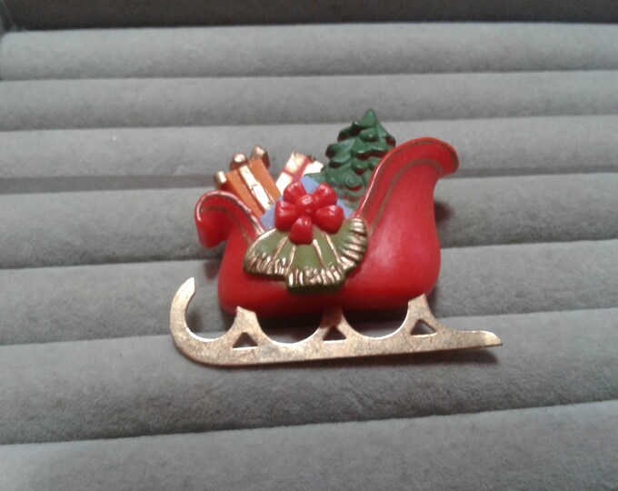Hallmark Red Sleigh with Metal Runner and Presents Plastic Novelty Pin, Signed