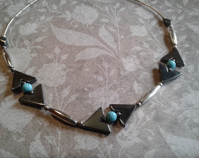 Genuine Hematite, Faux Turquoise, and Possible Silver Vintage Handmade Beaded Necklace
