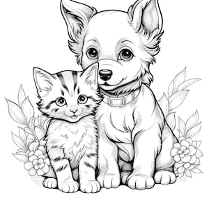 May include: A black and white line drawing of a puppy and a kitten sitting together. The puppy is wearing a collar and the kitten is looking up at the puppy.