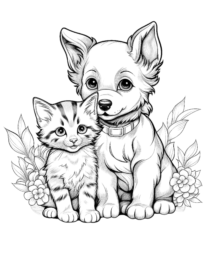 May include: A black and white line drawing of a puppy and a kitten sitting together. The puppy is wearing a collar and the kitten is looking up at the puppy.